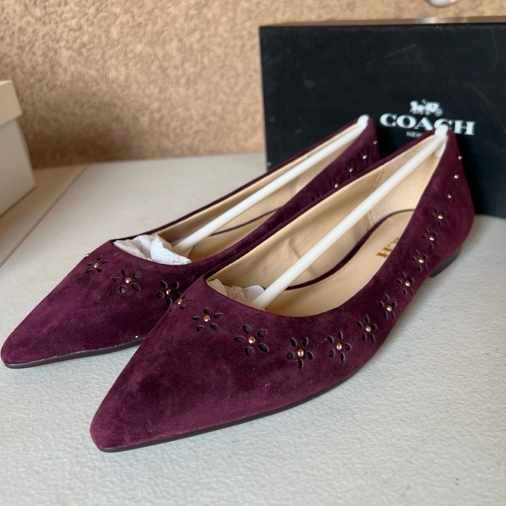 NWB COACH Joane Lux Suede Pointed Toe Flats Oxblood 7